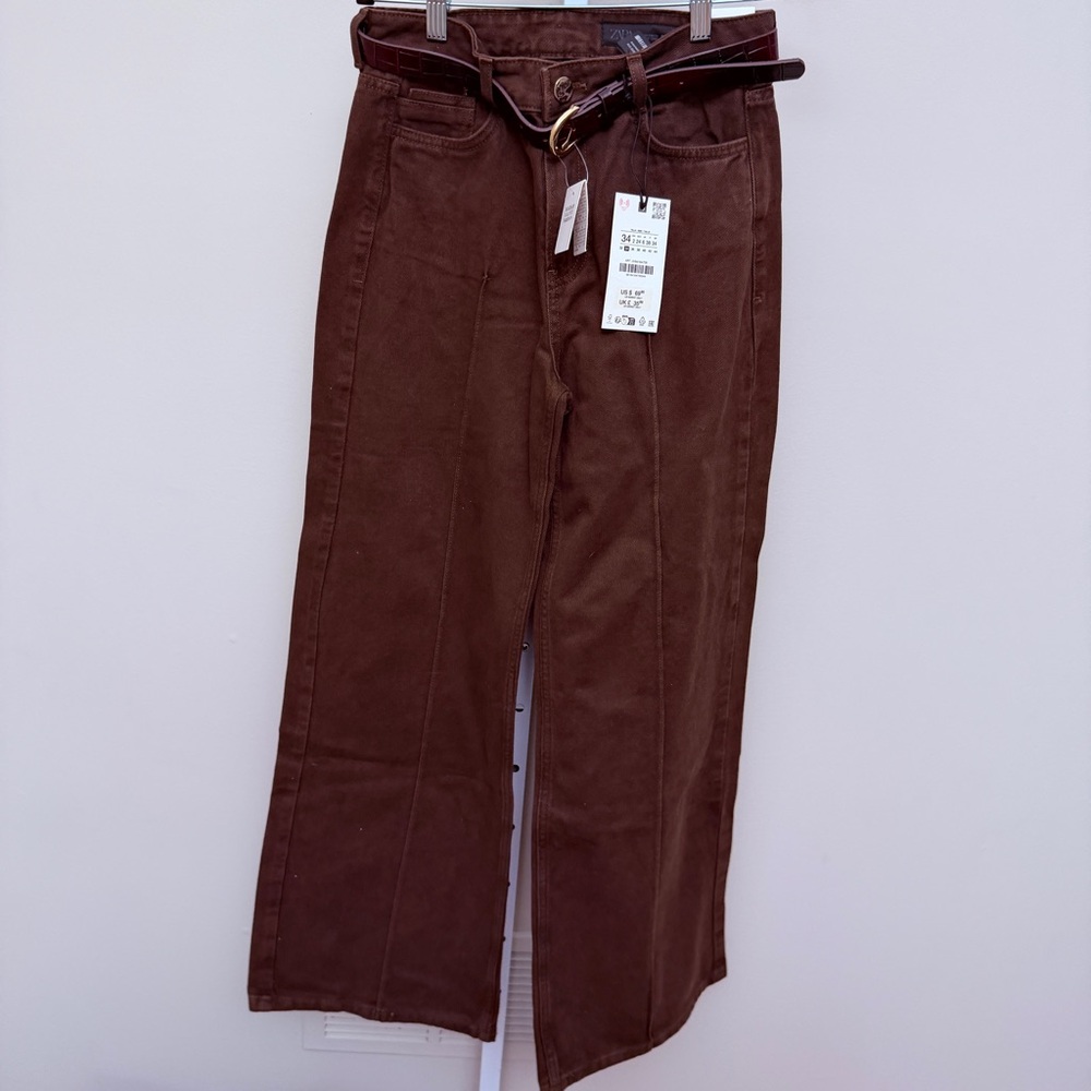 Zara Brown Wide Leg Jeans with Belt size 2 NWT - Picture 1 of 5